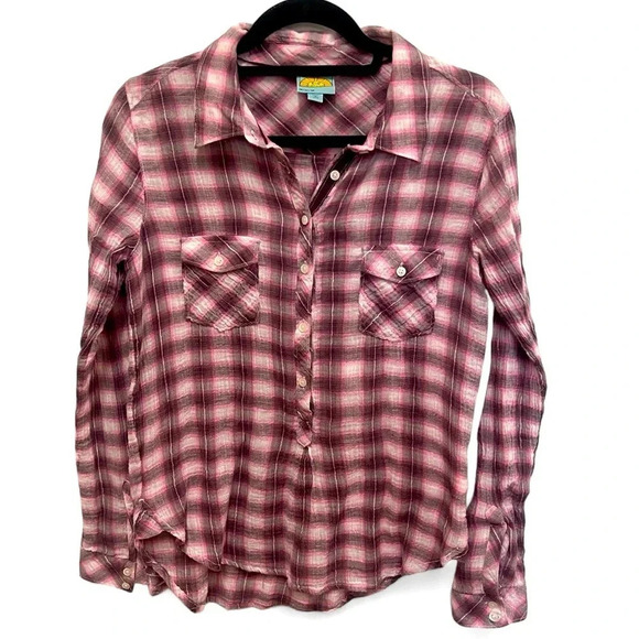C&C California pink plaid partial button down gauzy top with roll sleeves size M - Picture 1 of 10